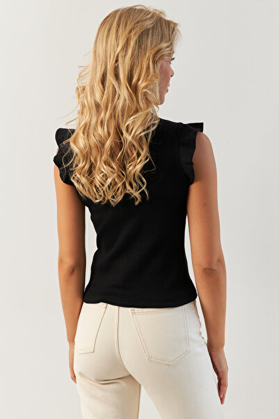 Cool & Sexy Women's Black Ruffle Shoulder Detail Blouse - MK23