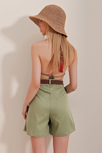 Trend Alaçatı Stili Dámské khaki slaměné úpletové šortky Gabardine ALC-X10271