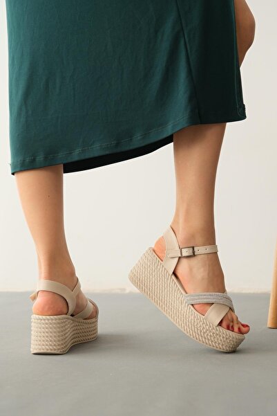 TOPUK Janel Ten Cross Banded Rhinestoned Wedge Heel Sandals