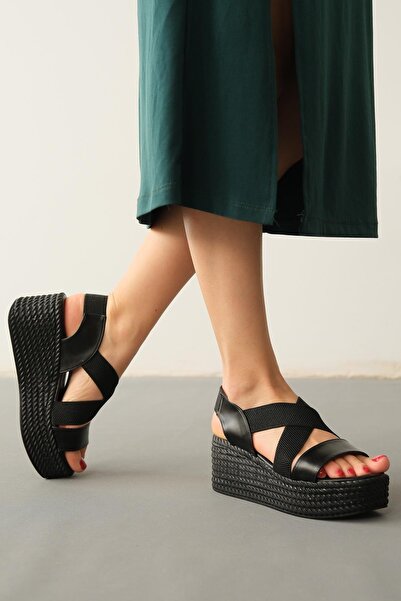 TOPUK Diana Black Cross-Strapped Elastic Wedge Heel Sandals