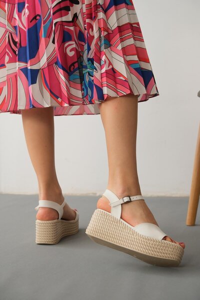 TOPUK Bella White Thick Banded Wedge Heeled Sandals