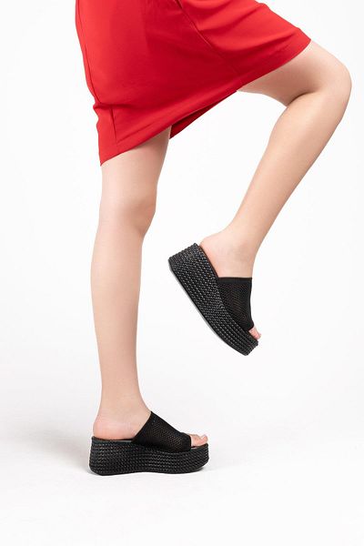 TOPUK Jodie Black Wedge Sole - Thick Band Slippers with Hole Detail