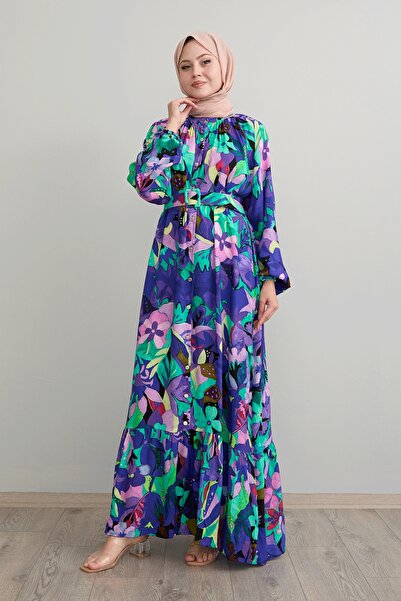 InStyle Purple Viscose Dress - Floral Pattern and Belt