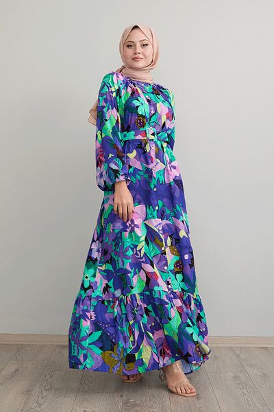 InStyle Fialové viskózové šaty - květinový vzor a pásek