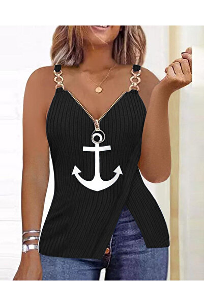 Nest Μπλούζα με αλυσίδα και κορδόνι με τύπωμα Μαύρη Χοντρή κοτλέ πλέξη ριμπ