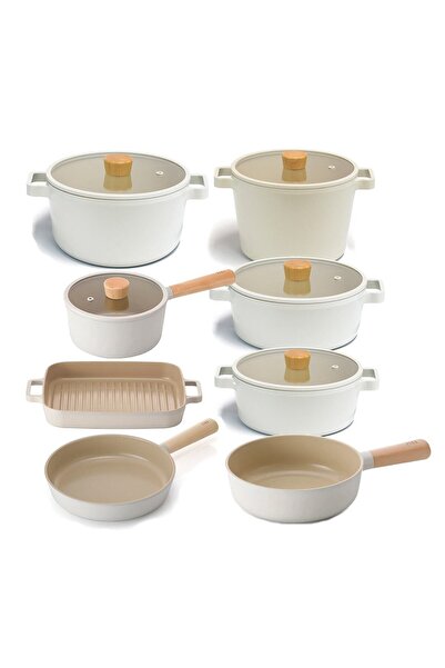 NEOFLAM Fika Alüminyum Döküm Cam Kapaklı 13 Parça Tencere & Tava Seti 18s22k2...