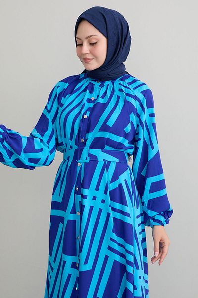 InStyle Rochie albastră din viscoză cu centură cu dungi