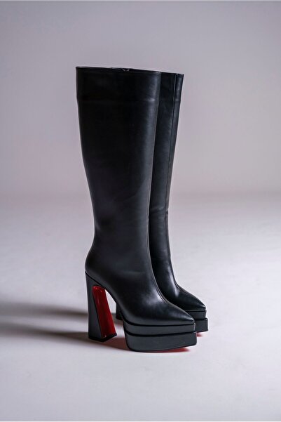 Ayakkabı Ateşi Černé kožené dámské boty s dvojitou platformou na vysokém podpatku Jolly