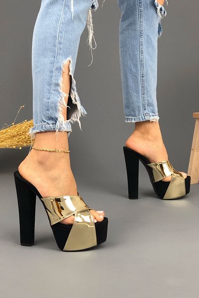 Ayakkabı Ateşi Μαύρο Suede Gold Mirror Cross Strap Platform Παπούτσια με τακούνι Mulan