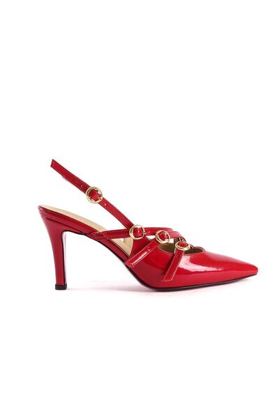 Ayakkabı Ateşi Üç Tokalı Kırmızı Rugan  Kısa Topuklu Kadın Stiletto Royal