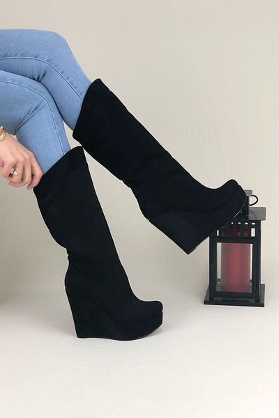 Ayakkabı Ateşi Cizme de damă cu toc cu pană din piele intoarsa neagra