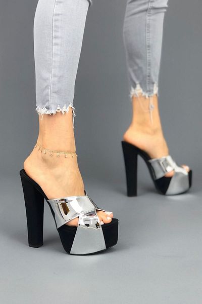 Ayakkabı Ateşi Black Suede Silver Mirror Cross Strap Platform Heeled Shoes Mulan