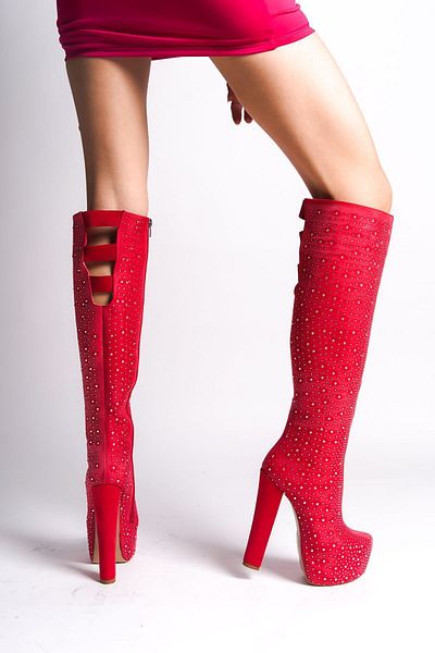 Ayakkabı Ateşi Cizme de damă Catty Red Suede Design special cu toc înalt până la genunchi