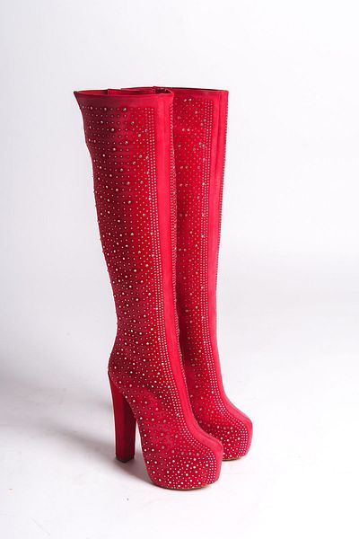 Ayakkabı Ateşi Cizme de damă Catty Red Suede Design special cu toc înalt până la genunchi