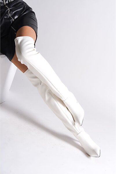 Ayakkabı Ateşi Білі шкіряні чобітки на високих підборах з еластичним дизайном для жінок Borns