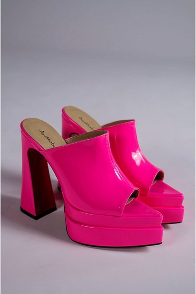 Ayakkabı Ateşi Fuchsia Patent Leather Double Platform Design Open Toe Women's Slippers High Heel Shoes Farah