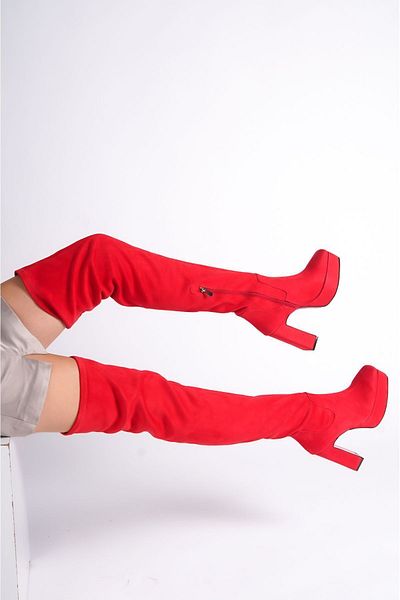 Ayakkabı Ateşi Cizme de dama cu platforma din piele intoarsa rosie Pantofi cu toc inalt Valencia