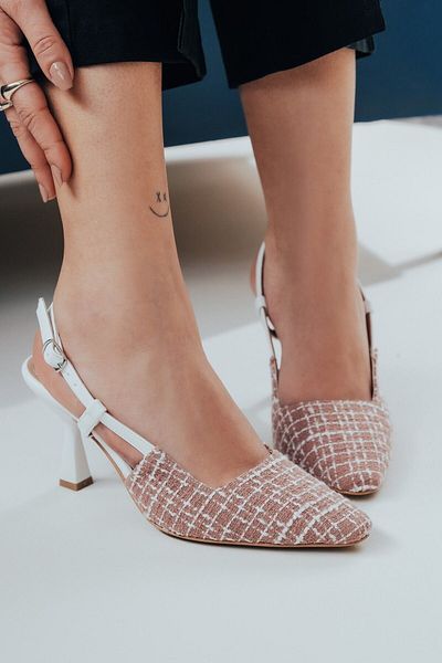 Ayakkabı Ateşi White Skin Powder Linen Open Back Women's Heeled Shoes Hale