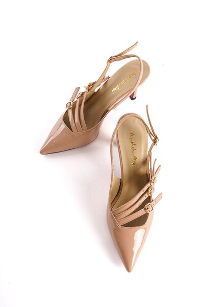 Ayakkabı Ateşi Three-Buckle Nude Patent Leather Short Heeled Women's Stiletto Royal