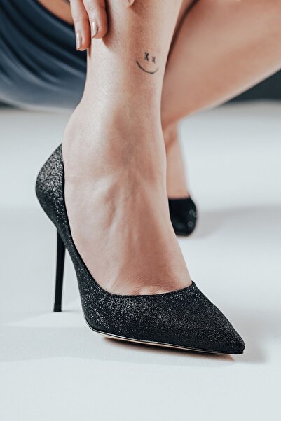 Ayakkabı Ateşi Siyah Simli İnce Topuk Sivri Burunlu Kadın Stiletto Osama