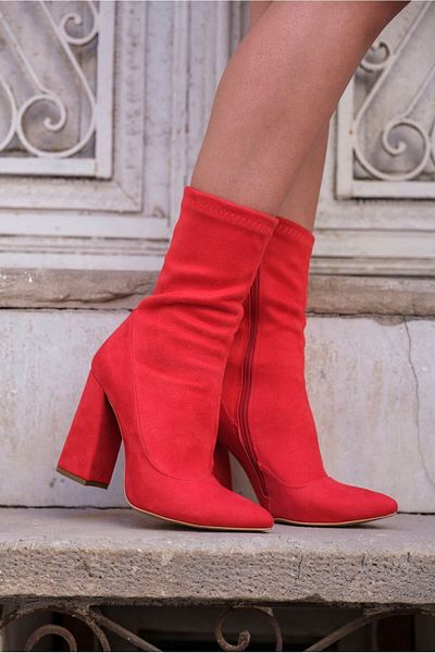 Ayakkabı Ateşi Red Suede Stretch Design Heeled Women's Boots Capella