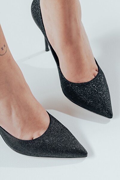 Ayakkabı Ateşi Siyah Simli İnce Topuk Sivri Burunlu Kadın Stiletto Osama