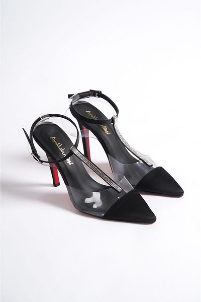 Ayakkabı Ateşi Satin Negru Transparent Piatra Design Special Pantofi Dama Cu Toc Subtire Stiletto Katrina
