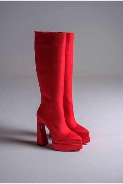 Ayakkabı Ateşi Red Suede Double Platform Design Women's Boots High Heel Shoes Jolly