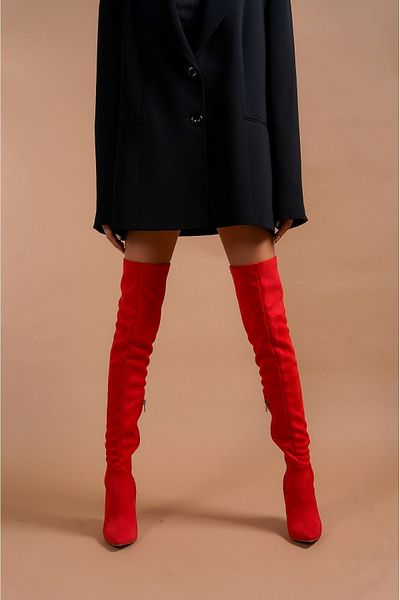 Ayakkabı Ateşi Cizme de damă Betty Red Suede cu toc înalt peste genunchi