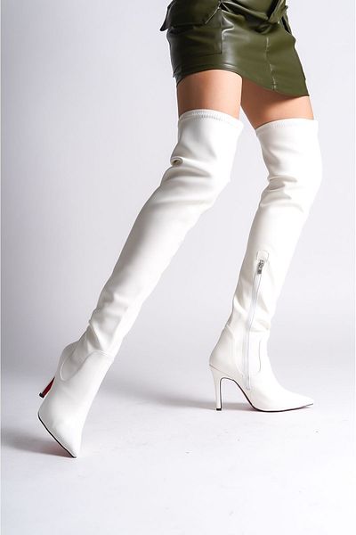 Ayakkabı Ateşi Cizme de damă cu design elastic cu piele albă pantofi cu toc înalt Anjelika