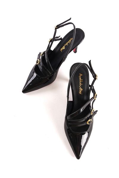 Ayakkabı Ateşi Three-Buckle Black Patent Leather Short Heeled Women's Stiletto Royal