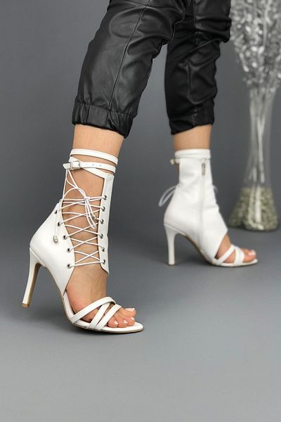 Ayakkabı Ateşi Women's Lace-Up White Leather Skin Heeled Shoes
