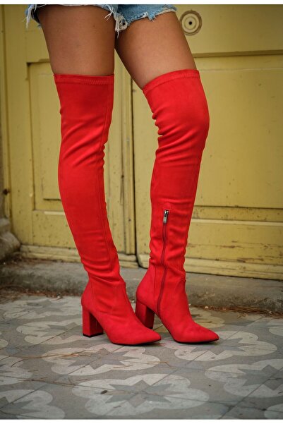 Ayakkabı Ateşi Firefly Червоні замшеві черевики на низьких підборах до коліна для жінок