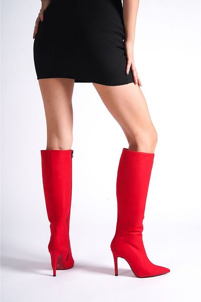 Ayakkabı Ateşi Cizme de damă cu design din piele intoarsa rosie Pantofi cu toc inalt Limbo
