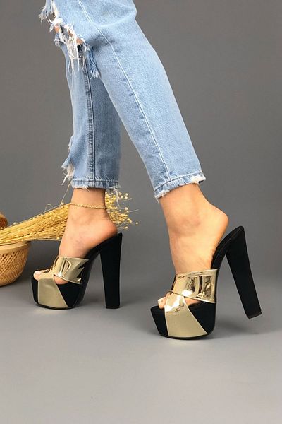 Ayakkabı Ateşi Μαύρο Suede Gold Mirror Cross Strap Platform Παπούτσια με τακούνι Mulan