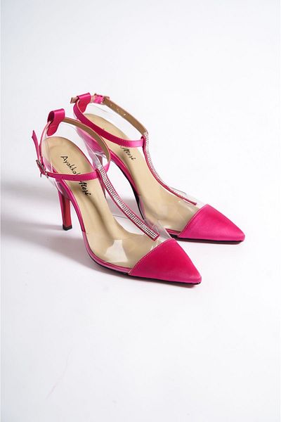 Ayakkabı Ateşi Stiletto de damă cu design special din satin fucsia și detaliu din piatră - Katrina