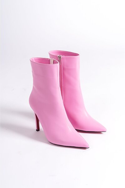 Ayakkabı Ateşi Pembe Cilt Stiletto İnce Topuklu Kadın Bot Togi