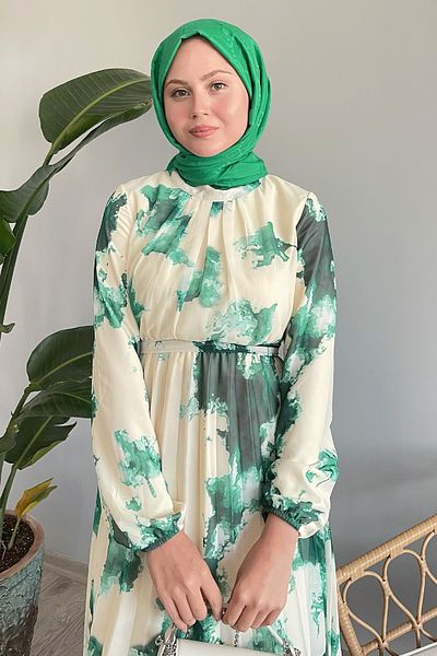 InStyle Zelené šifonové šaty s kravatou - abstraktní vzor