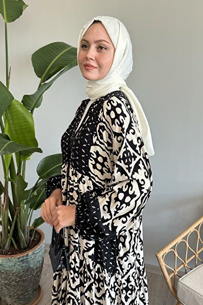 InStyle Desenli Balon Kol Ekru Viskon Elbise