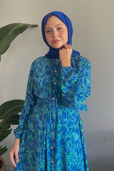 InStyle Rochie albastră din viscoză - cu centură etnică și nasturi