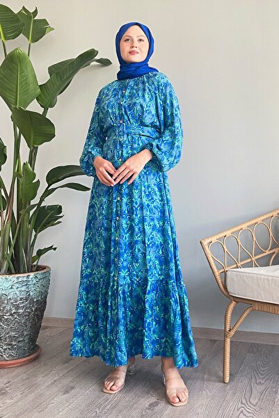 InStyle Синя віскозна сукня в етнічному стилі на поясі та ґудзиках