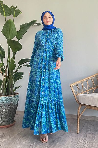InStyle Rochie albastră din viscoză - cu centură etnică și nasturi