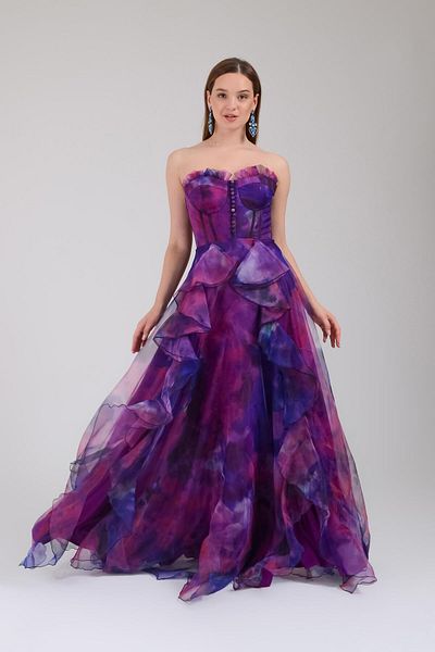 SpringStore Strapless Purple Patterned Evening Dress