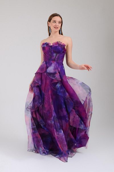 SpringStore Strapless Purple Patterned Evening Dress