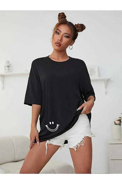 Jozia Μαύρο μπλουζάκι Oversize - Smile Graphic Printed