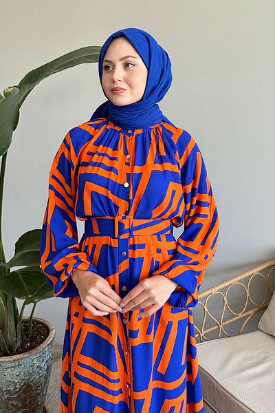 InStyle Πορτοκαλί φόρεμα βισκόζης με ριγέ ζώνη