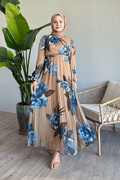 InStyle Khaki Chiffon Dress - Colorful Floral Pattern