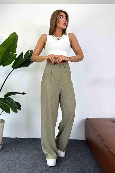Butik Gardrop Linen Textured Waistband Detail Palazzo Trousers Khaki