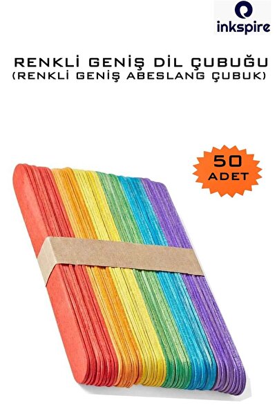 inkspire 50'li Renkli Geniş Ahşap Dil Çubuğu Dondurma Çubuğu Abeslang Çubuğu ...