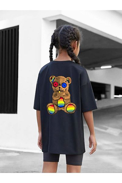 VASK Children's Oversize Unisex Colorful Teddy Bear Cotton Crew Neck T-Shirt
